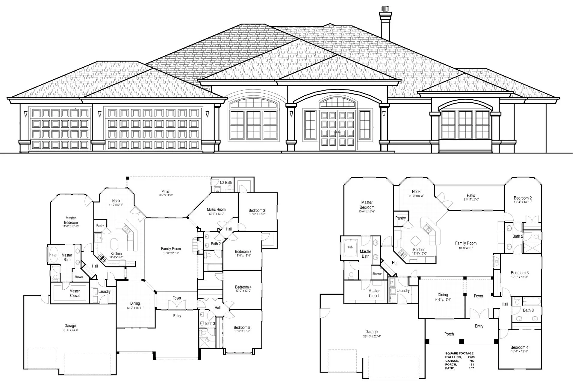 Architectural elevation and floor plans for a custom home